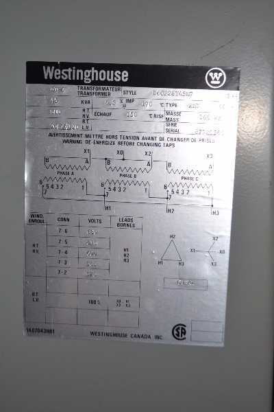 WESTINGHOUSE D60P28T45H7 45KVA 600V TO 208Y/120 TRANSFORMER 3PH (NOVA SCOTIA) - MISCELLANEOUS