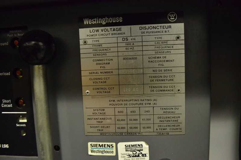 WESTINGHOUSE DS416 CIRCUIT BREAKER 1600A FRAME AMPTECTOR I-A LSG TRIP UNIT (NOVA SCOTIA) - MISCELLANEOUS