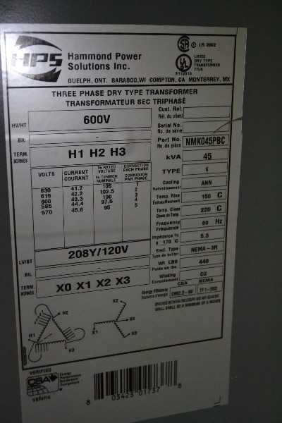 HPS NMK045PBC TRANSFORMER 45KVA 3PH 600V TO 208Y/120V (NOVA SCOTIA) - MISCELLANEOUS