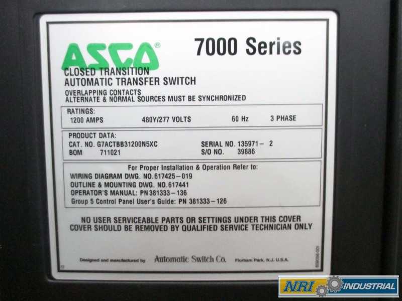 ASCO 7000 SERIES AUTOMATIC POWER TRANSFER SWITCH 480V-AC 1200A (OHIO) - MISCELLANEOUS