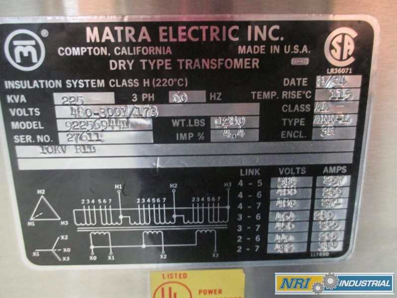 MATRA 92256944L TRANSFORMER 225KVA 3PH 480V-AC 173/300V-AC STAINLESS (OHIO) - MISCELLANEOUS