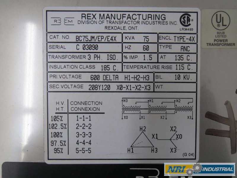 REX MANUFACTURING BC75JM/EP/E4X 75KVA 600V-AC 208/120V-AC TRANSFORMER (OHIO) - MISCELLANEOUS