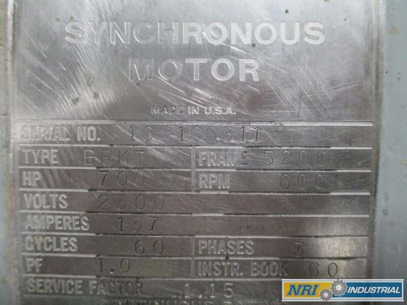 ELECTRIC MACHINERY BRKT AC SYNCHRONOUS ELECTRIC MOTOR 700HP 2300V-AC 600RPM 5200 3PH (OHIO) - MISCELLANEOUS