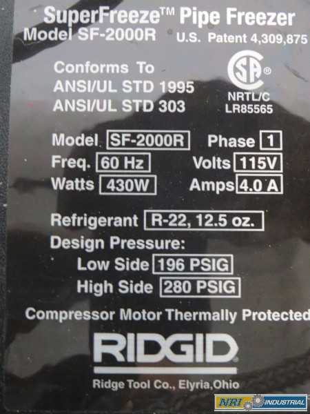 RIDGID SF-2000R SUPER FREEZE PIPE FREEZER FREEZING UNIT (OHIO) - MISCELLANEOUS