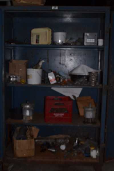 STRONG HOLD STEEL CABINET WITH CONTENTS - RELIANCE AC DRIVE, US MOTORS GEAR REDUCERS, STAINLESS VALVES/FITTINGS - MISCELLANEOUS