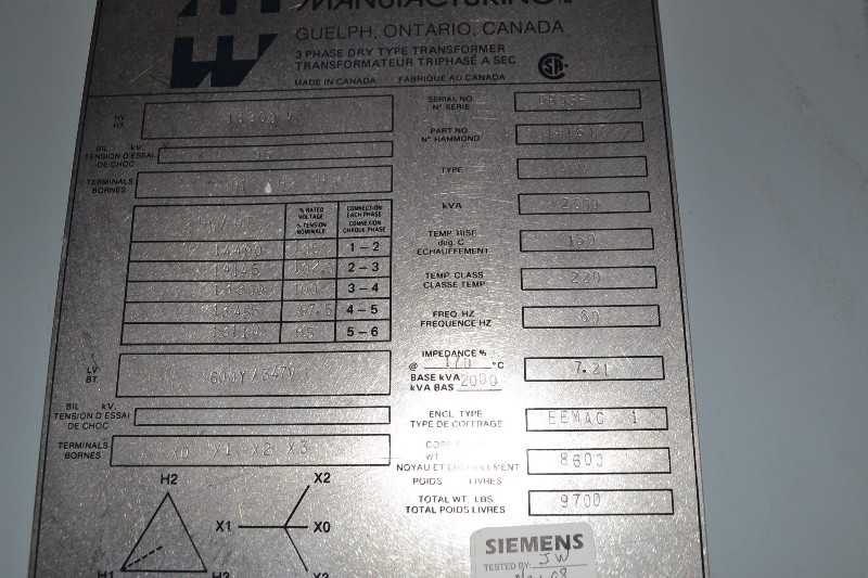 HAMMOND 2000KVA TRANSFORMER 13800V TO 600V WITH ITE SWITCHGEAR - MISCELLANEOUS