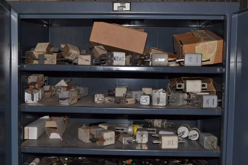 STRONG HOLD CABINET WITH CONTENTS - FUSES, THYRISTOR STACKS, FUSE HOLDERS - MISCELLANEOUS