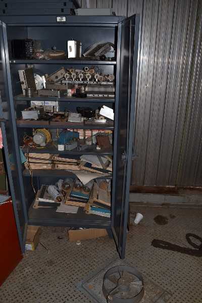 STRONG HOLD CABINET WITH CONTENTS - RELAYS, RESISTORS, TACHOMETERS, SWITCHES - MISCELLANEOUS