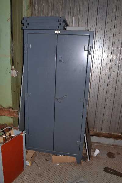 STRONG HOLD CABINET WITH CONTENTS - RELAYS, RESISTORS, TACHOMETERS, SWITCHES - MISCELLANEOUS