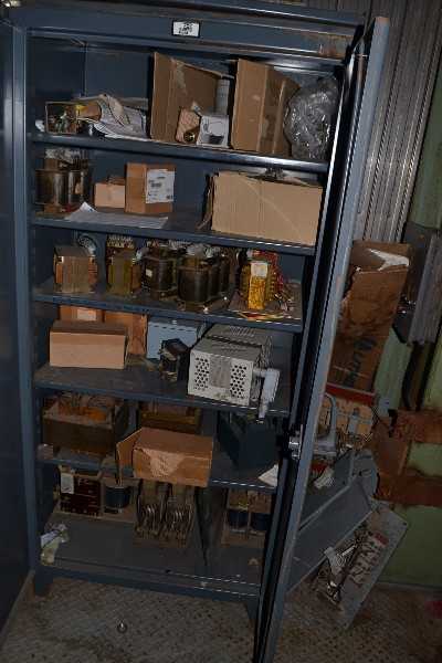 STRONG HOLD CABINET WITH CONTENTS - TRANSFORMERS, DC CONTACTORS, LIGHTING - MISCELLANEOUS