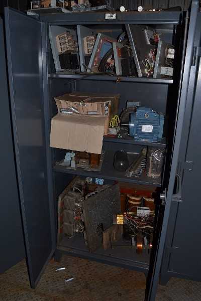 STRONG HOLD CABINET WITH CONTENTS - MOTORS, CAPACITORS, CONTACTORS, RECTIFIERS, TRANSFORMERS - MISCELLANEOUS