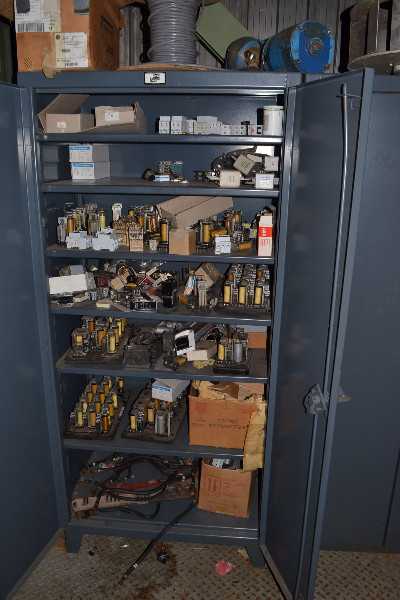 STRONG HOLD CABINET WITH CONTENTS - CIRCUIT BREAKERS, RELAYS, CONTACTORS, FUSES - MISCELLANEOUS
