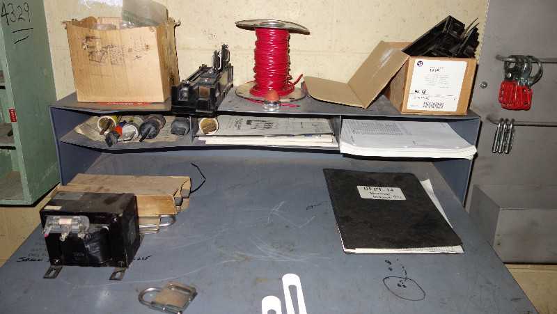 DESK W/ CONTENTS - STARTERS, FUSES, TRANSFORMERS - MISCELLANEOUS