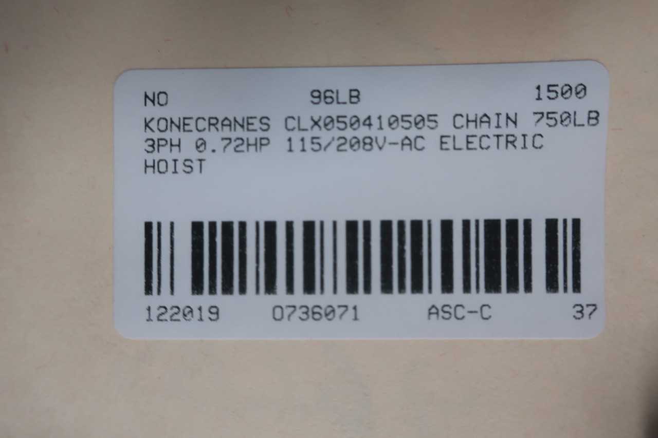 KONECRANES CLX050410505 ELECTRIC HOIST 750LB - LIFTING EQUIPMENT