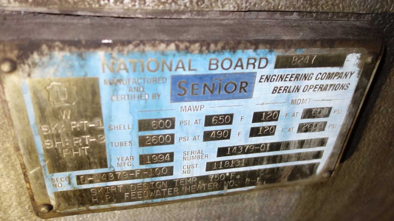 SENIOR ENGINEERING 8247 750F FEEDWATER HEATER HEAT EXCHANGER