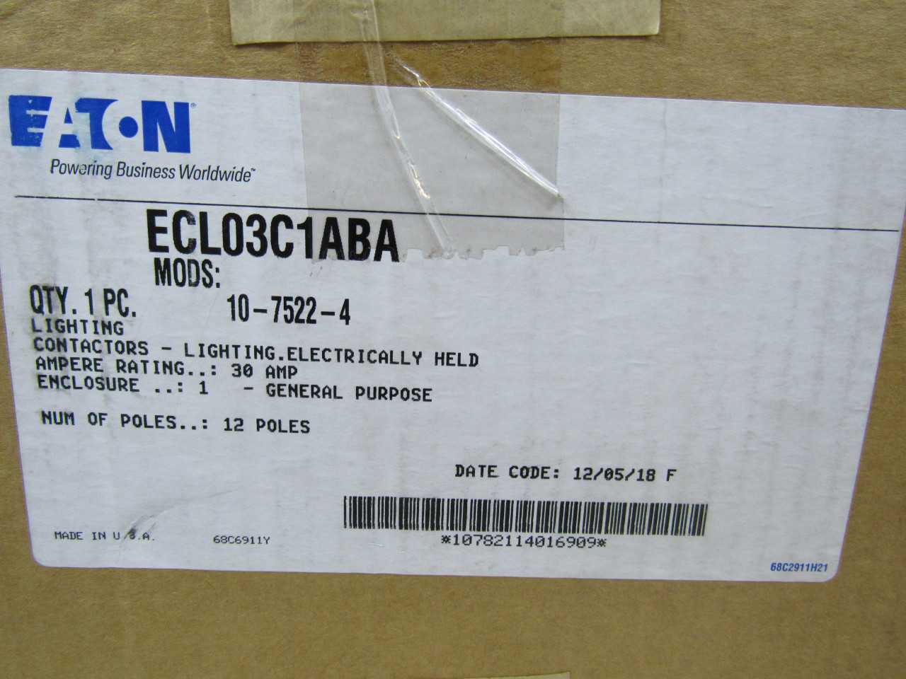 1x Eaton ECL03C1ABA Lighting Contactor Electrically Held 12P 30A 50/60Hz NEMA Type 1 110/120VAC - CONTACTORS