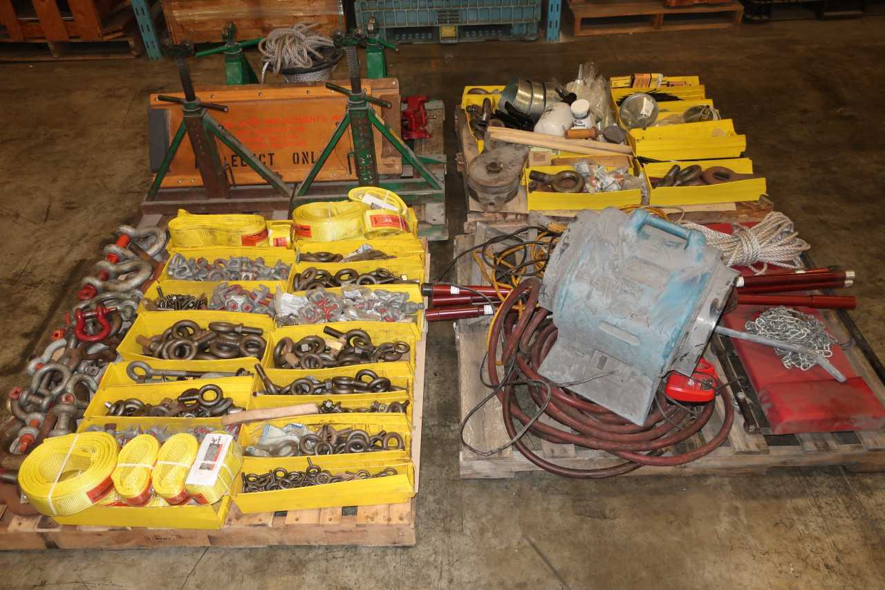4 PALLETS OF ASSORTED TOOLS STRAPS CLEVIS CORDS CREEPERS JACK STANDS - ELECTRIC POWER TOOLS