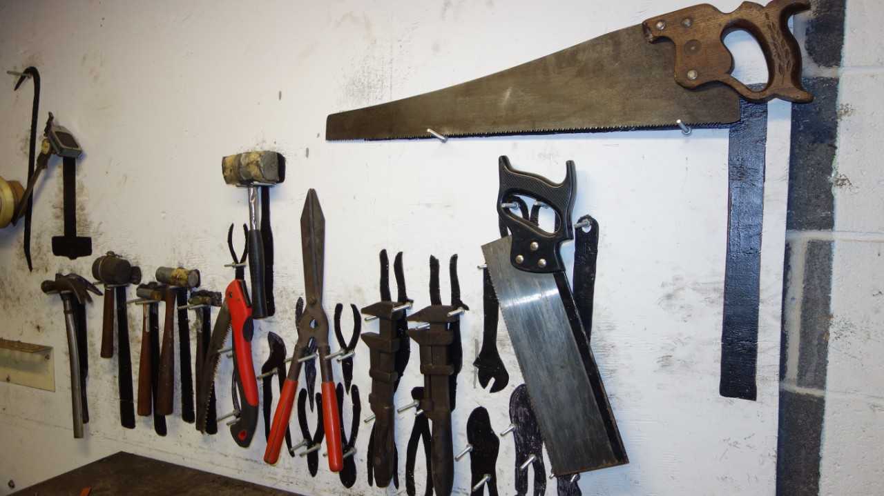 WALL OF ASSORTED HAND TOOLS, HAMMERS, SAWS, SHEARS, WRENCHES (DIAL CALIPER NOT INCLUDED) - HAND TOOLS
