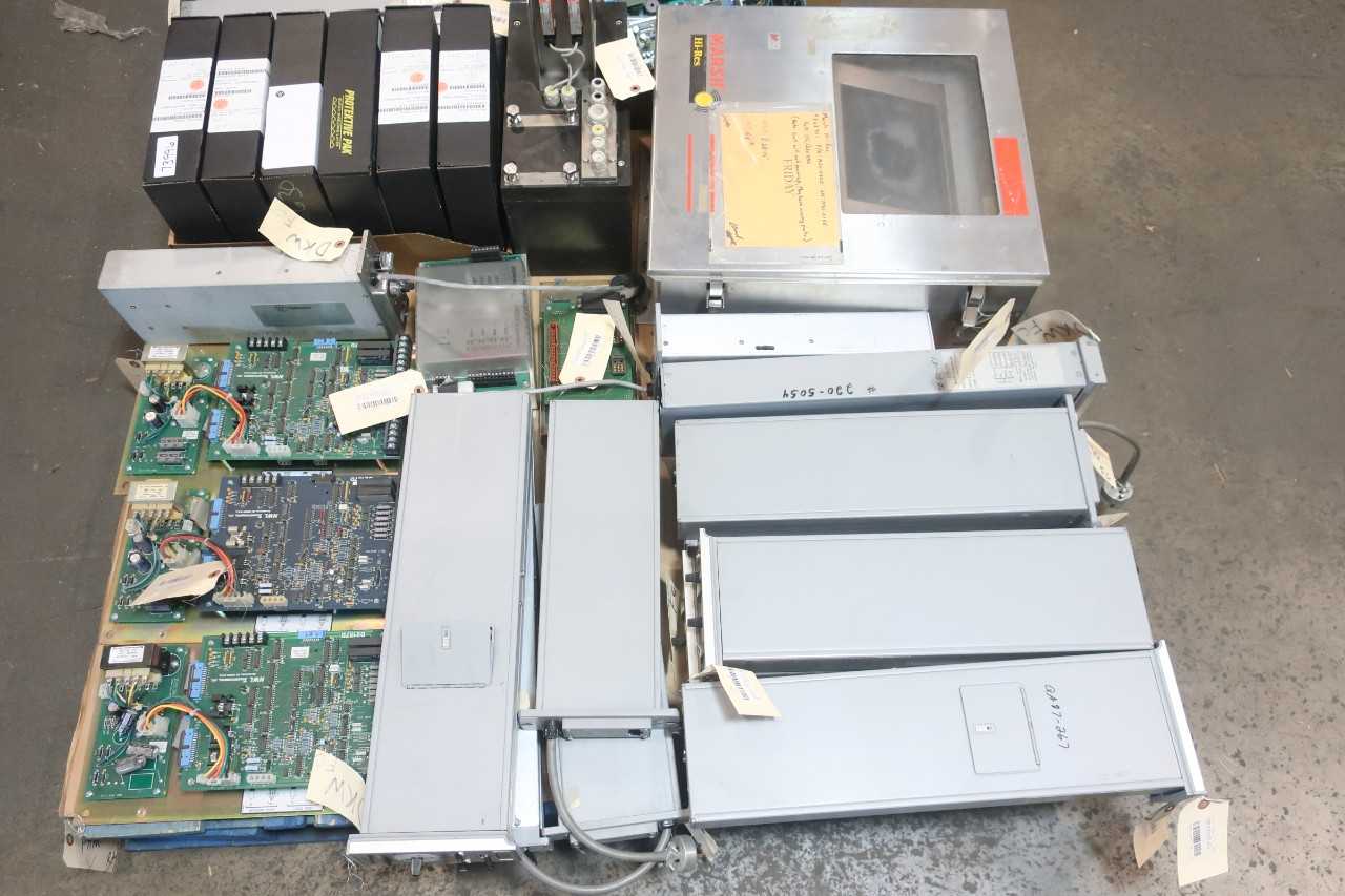 2 PALLETS OF ASSORTED ELECTRICAL CIRCUIT BOARDS, MODULES, CONTROLS, AMP CONTROLLER- MARSH, MITSUBISHI, VEGA, EMERSON, OMRON - AUTOMATION & CONTROLS
