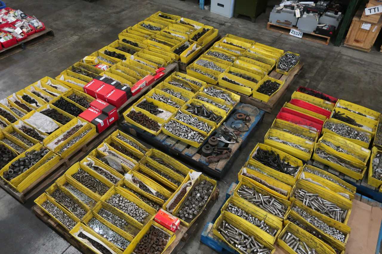8 PALLETS OF ASSORTED HARDWARE NUTS BOLTS SCREWS WASHERS - ELECTRIC POWER TOOLS