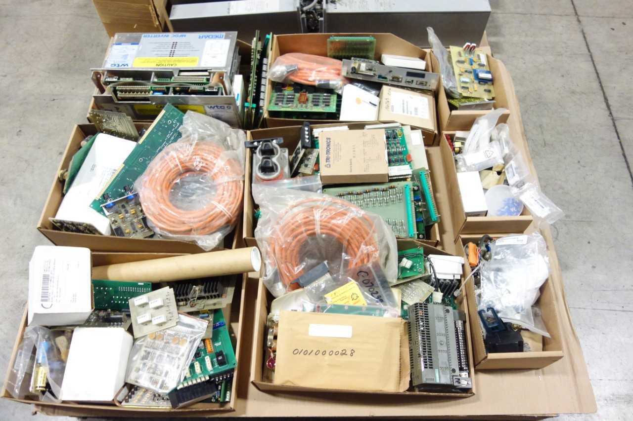 2 PALLETS OF ASSORTED ELECTRICAL CIRCUIT BOARDS, EXIT SIGN, MODULES, CORDS, POWER SUPPLY, 63U CUSTOM M/63U OTHER PLC AND DCS MODULE- FOXBORO, HUBBELL LIGHTING INC, EATON, ROSEMOUNT, SIEMENS, TRI-TRONICS, MEDAR - AUTOMATION & CONTROLS