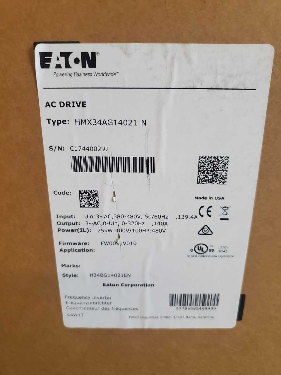 (1) Eaton HMX34AG14021-N VFD 140A 100HP 75KW 400V - MOTOR DRIVES (1) Eaton HMX34AG14021-N VFD 140A 100HP 75KW 400V - MOTOR DRIVES
