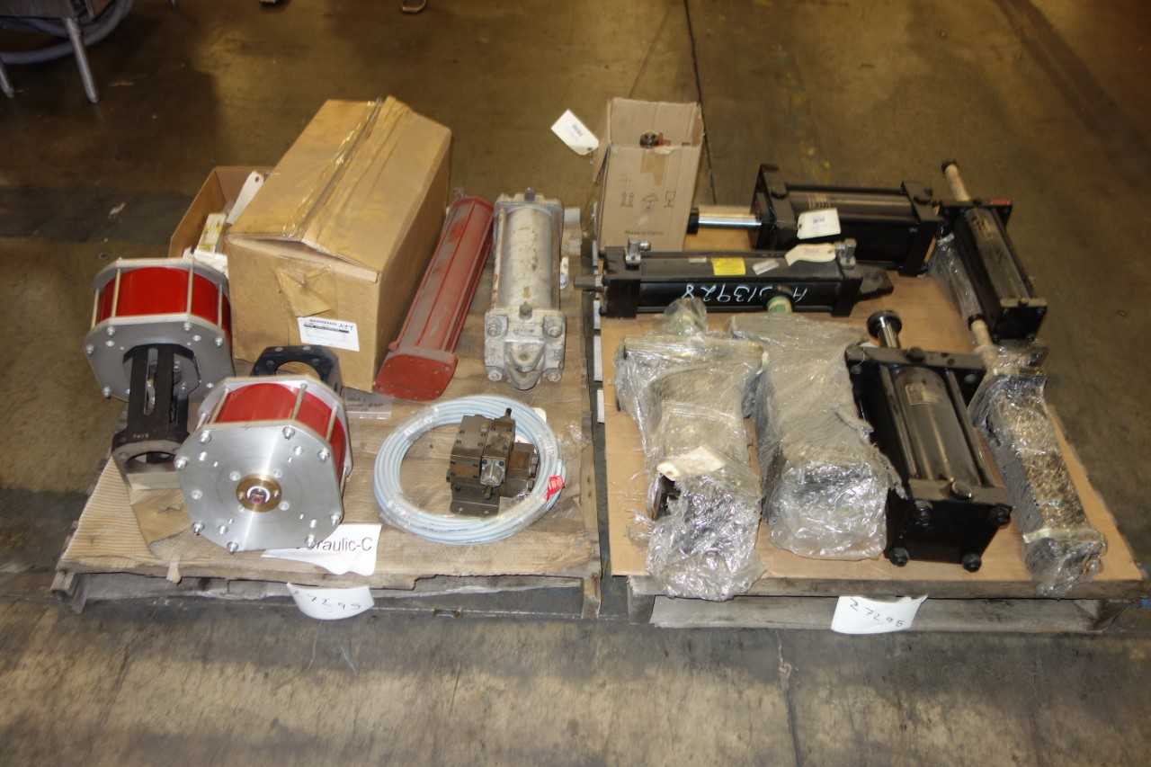 2 PALLETS OF ASSORTED HYDRAULIC CYLINDERS AND REPLACEMENT PARTS, PARKER - VALVES