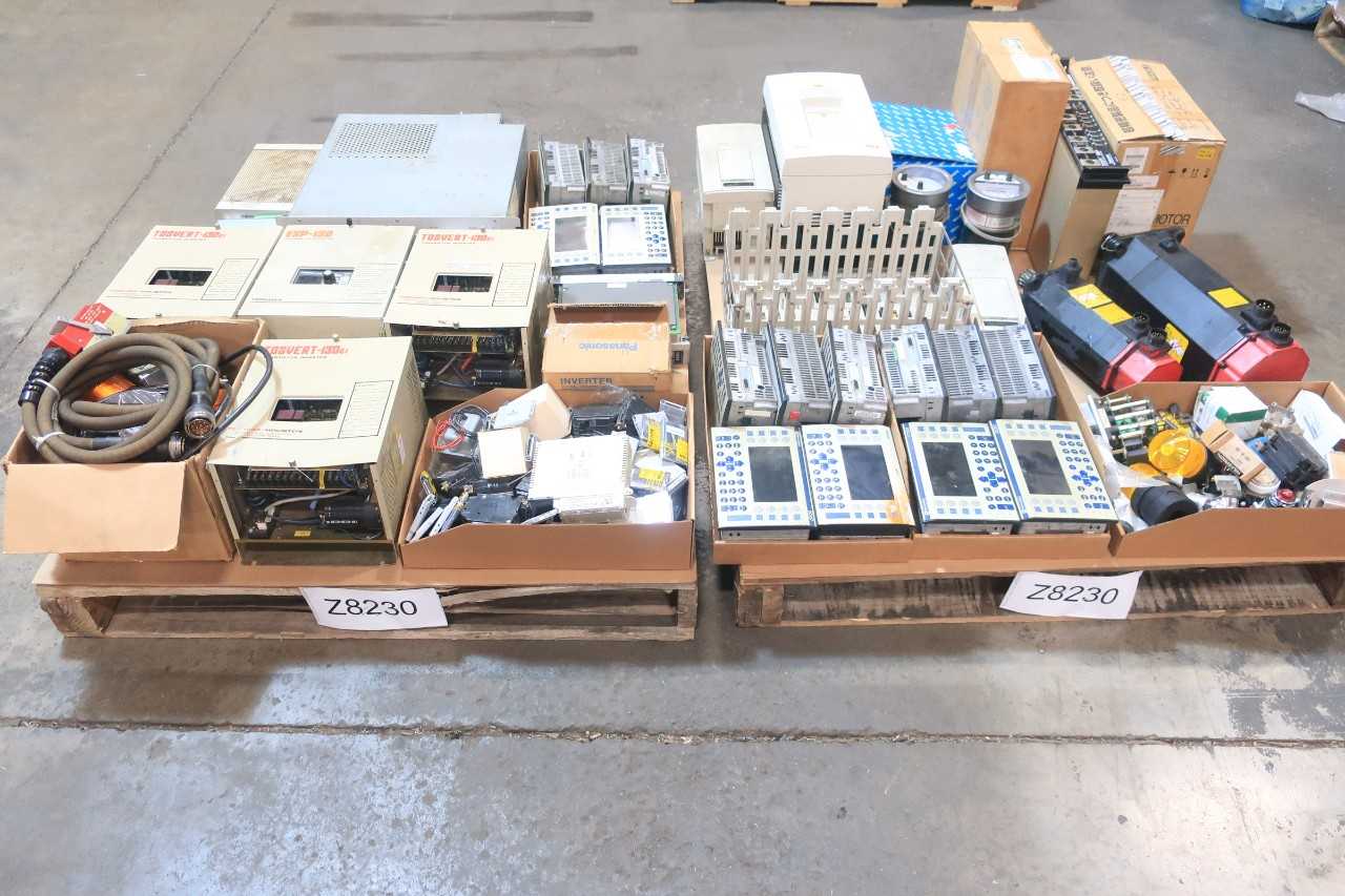 2 PALLETS OF ASSORTED ELECTRICAL OPERATOR INTERFACE PANEL, AC VFD DRIVE, STACK LIGHT, CABLE-WIRE CONTROLS, POWER SUPPLY CONTROLS, INPUT MODULE, SERVO CONTROLLER- TELEMECANIQUE, TOBISHA, SIEMENS, ONEAC, ABB, AEG MODICON - AUTOMATION & CONTROLS