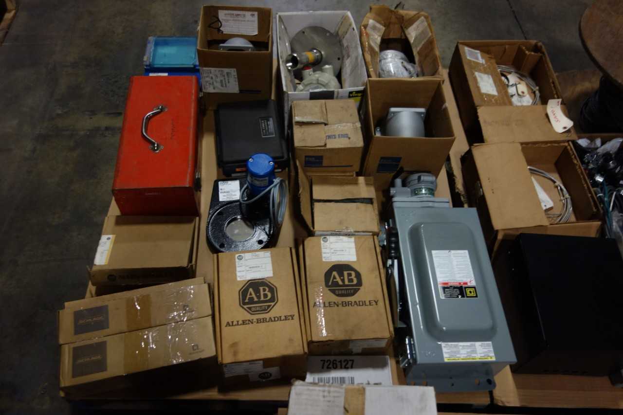 3 PALLETS OF ASSORTED ELECTRICAL - CIRCUIT BREAKERS, LIGHTING, MOTOR, MONITORS - ALLEN BRADLEY, APPLETON, DURAG, GENERAL ELECTRIC, SYLVANIA - CIRCUIT BREAKERS