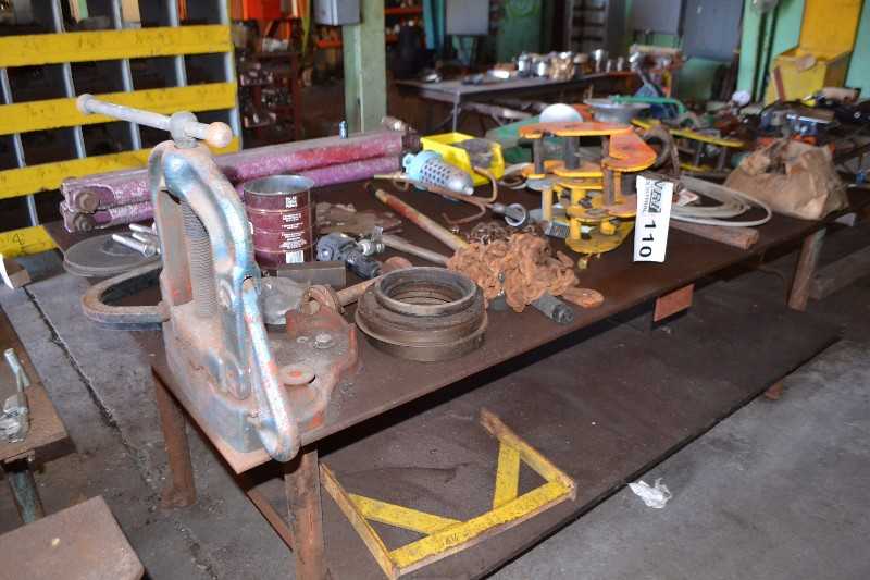 TABLE WITH CONTENTS - GREENLEE PULLEY, HOIST PARTS, RIDGID PIPE CLAMP - MISCELLANEOUS