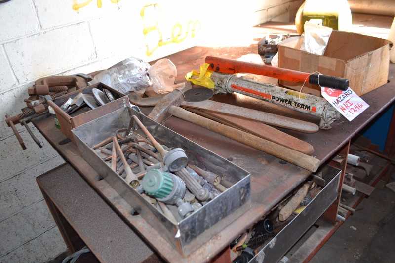 CONTENTS OF TABLE - WRENCHES, CLAMPS, HYDRAULIC HAND PUMP W/ MILLER SRH-444 WELDER - MISCELLANEOUS