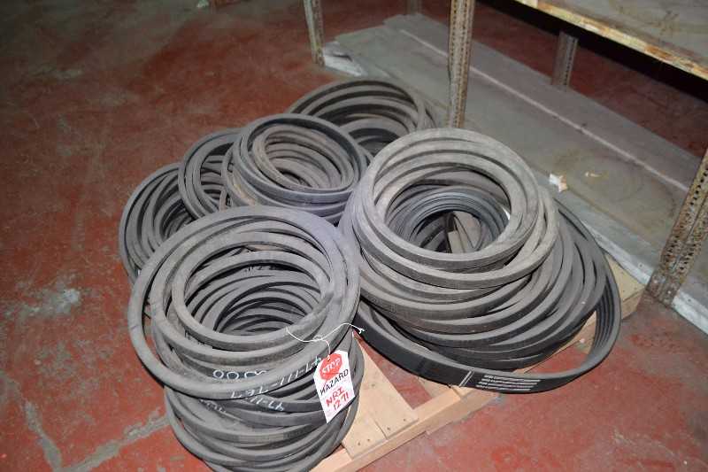 CONTENTS OF SHELVING + SKIDS - 8V-2360, 5V-1600 TIMING BELTS - MISCELLANEOUS