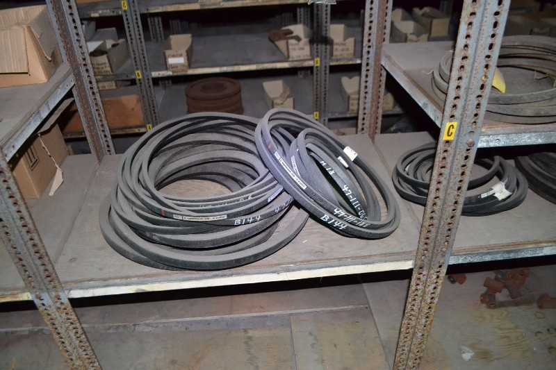 CONTENTS OF SHELVING + SKIDS - 8V-2360, 5V-1600 TIMING BELTS - MISCELLANEOUS