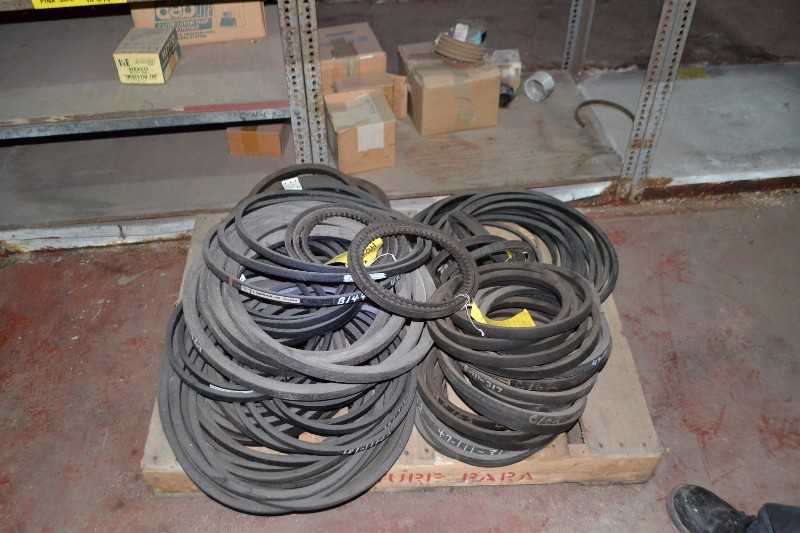 CONTENTS OF SHELVING + SKIDS - 8V-2360, 5V-1600 TIMING BELTS - MISCELLANEOUS