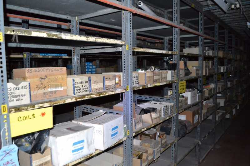 CONTENTS OF SHELVING - CONDUITS, COILS, TRANSFORMERS, PCB CIRCUIT BORADS, ALLEN BRADLEY PHOTOSWITCH 42RLU-4000B, - MISCELLANEOUS