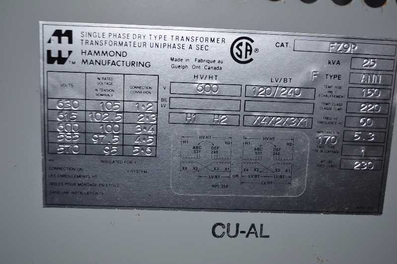 HAMMOND FZ9P 25KVA 600V-AC 120/240V-AC 1PH DRY TYPE TRANSFORMER - MISCELLANEOUS