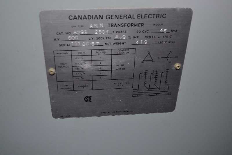 GENERAL ELECTRIC 8293 2501 600V-AC 208/120V-AC 45KVA DRY TYPE TRANSFORMER - MISCELLANEOUS