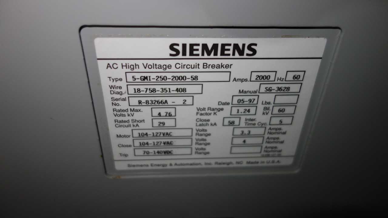 SIEMENS 2000Amp 5-GMI-250-2000-58 4.76KV-AC CIRCUIT BREAKER - CIRCUIT BREAKERS