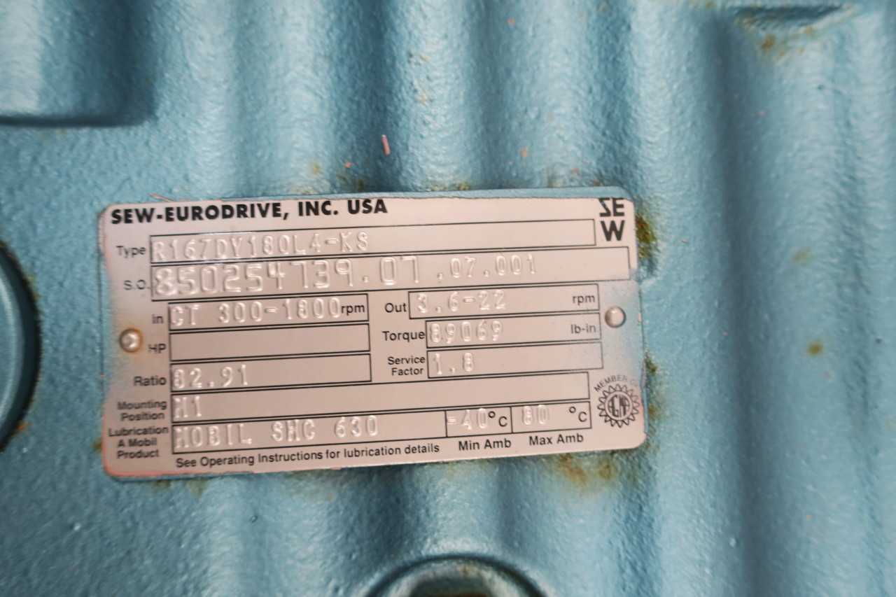 NEW SEW EURODRIVE DFV180L4-KS R167DV180L4-KS 82.91:1 30HP GEAR MOTOR - GEAR REDUCERS