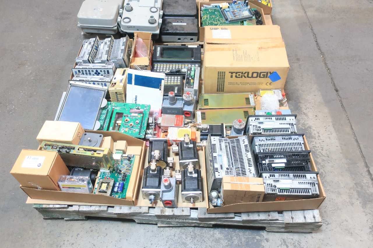 2 PALLETS OF ASSORTED ELECTRICAL OPERATOR INTERFACE PANEL, CIRCUIT BOARDS, ALARM SENSOR, INPUT MODULE, SWITCH CONTROL, SERVO MOTORS- BERGER LAHR, YASKAWA, TELEMECANIQUE, BAILEY, SIMPLEX, OMNI VISION - AUTOMATION & CONTROLS