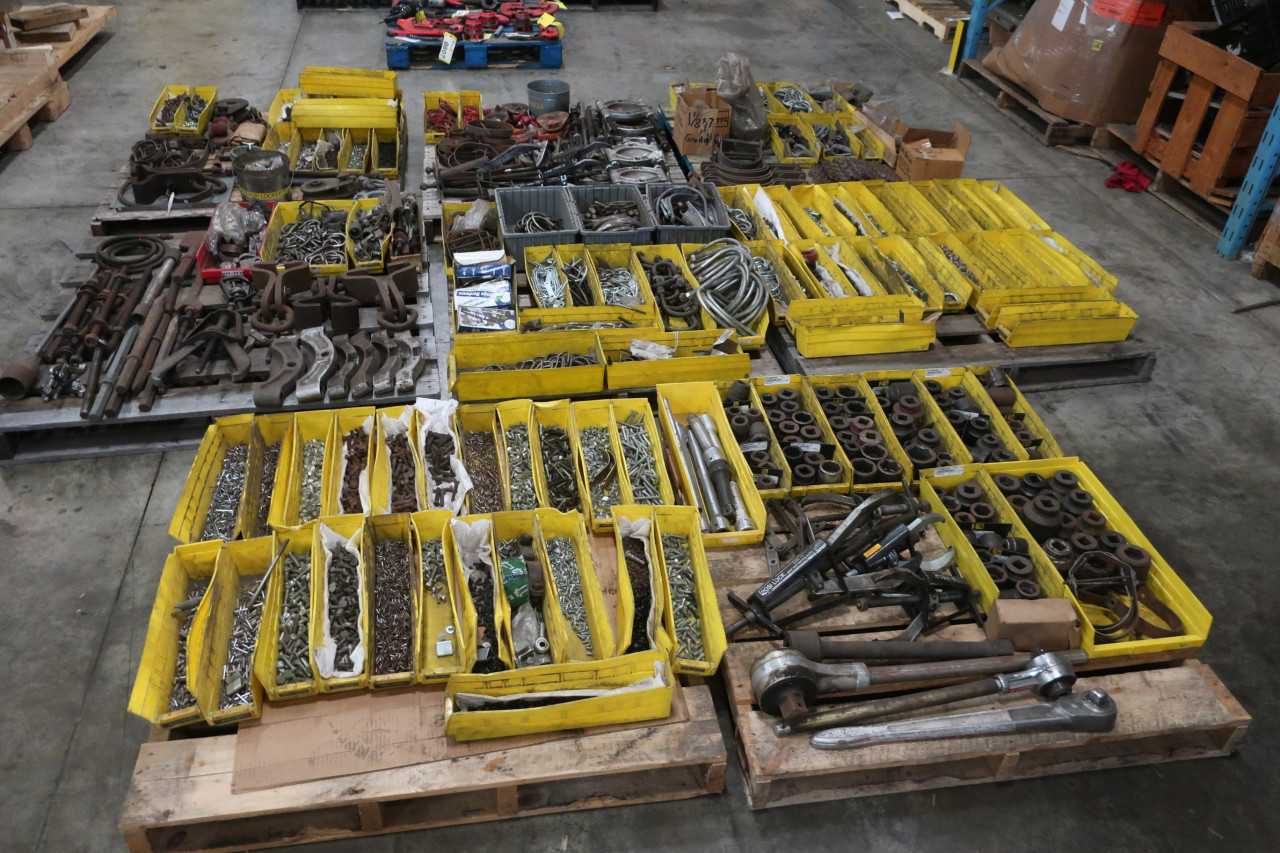 8 PALLETS OF ASSORTED TOOL & HARDWARE NUTS BOLTS NAILS CLAMPS SOCKETS WRENCHES - ELECTRIC POWER TOOLS