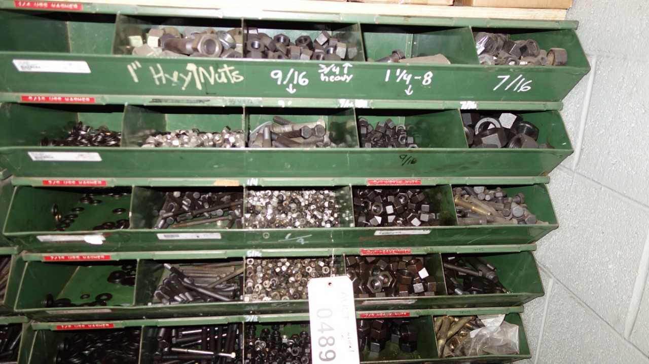 SHELVES OF ASSORTED THREADED SCREWS AND NUTS - INDUSTRIAL PARTS