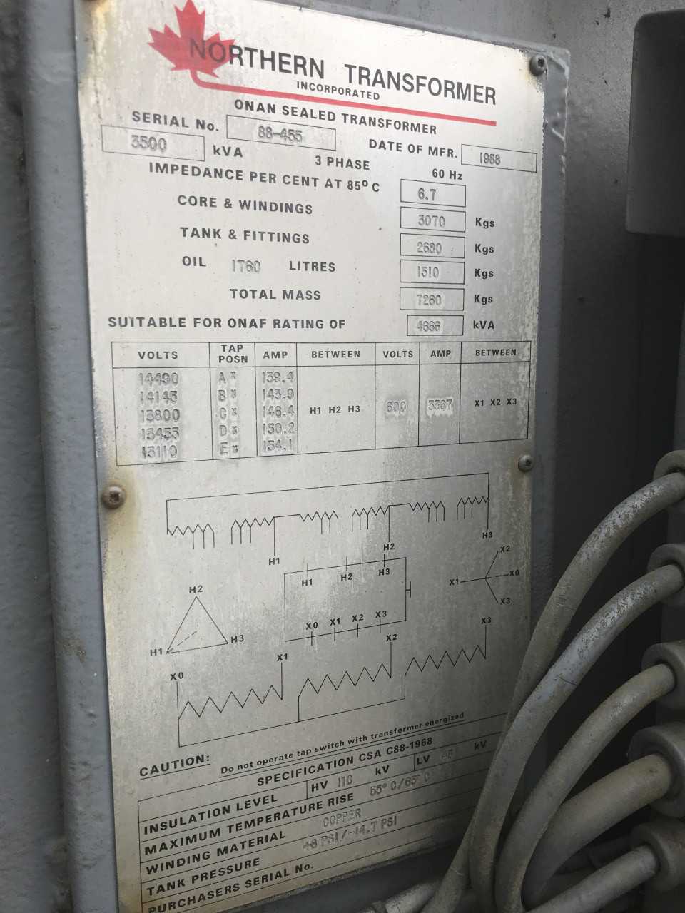 1988 Northern Transformer 3500KVA 13800V-AC Oil Type Transformer - CONTROL TRANSFORMERS