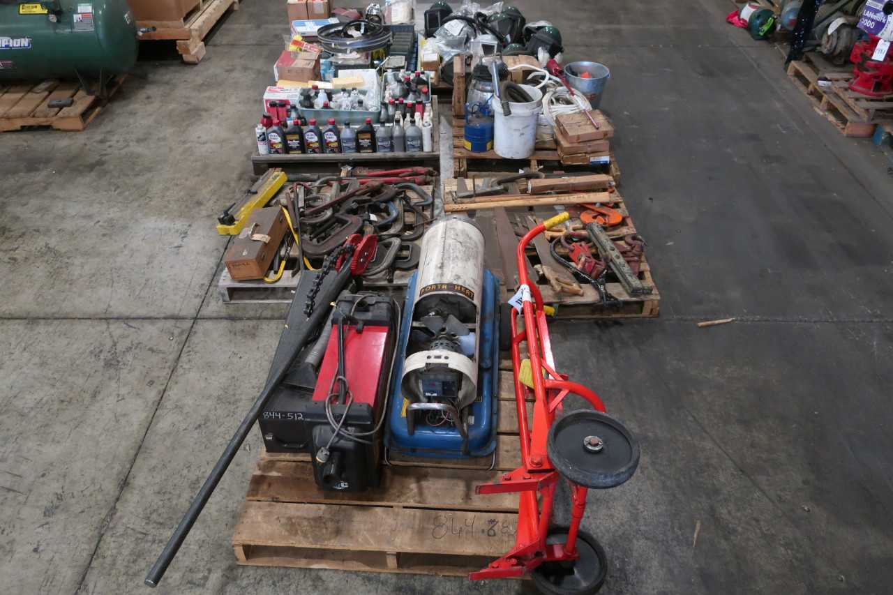 7 PALLETS OF ASSORTED TOOLS OIL LUBRICANTS DOLLY WELDER HEATER - MISCELLANEOUS
