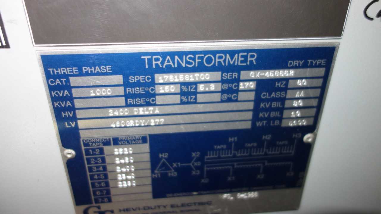 LOT OF 2 GENERAL SIGNAL 1000KVA 2400V-AC 480V-AC DRY TYPE TRANSFORMER DELAYED REMOVAL - CONTROL TRANSFORMERS