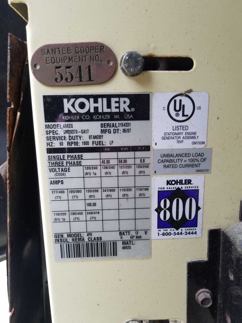 2007 Kohler 45RZG Generator - STANDBY POWER GENERATOR