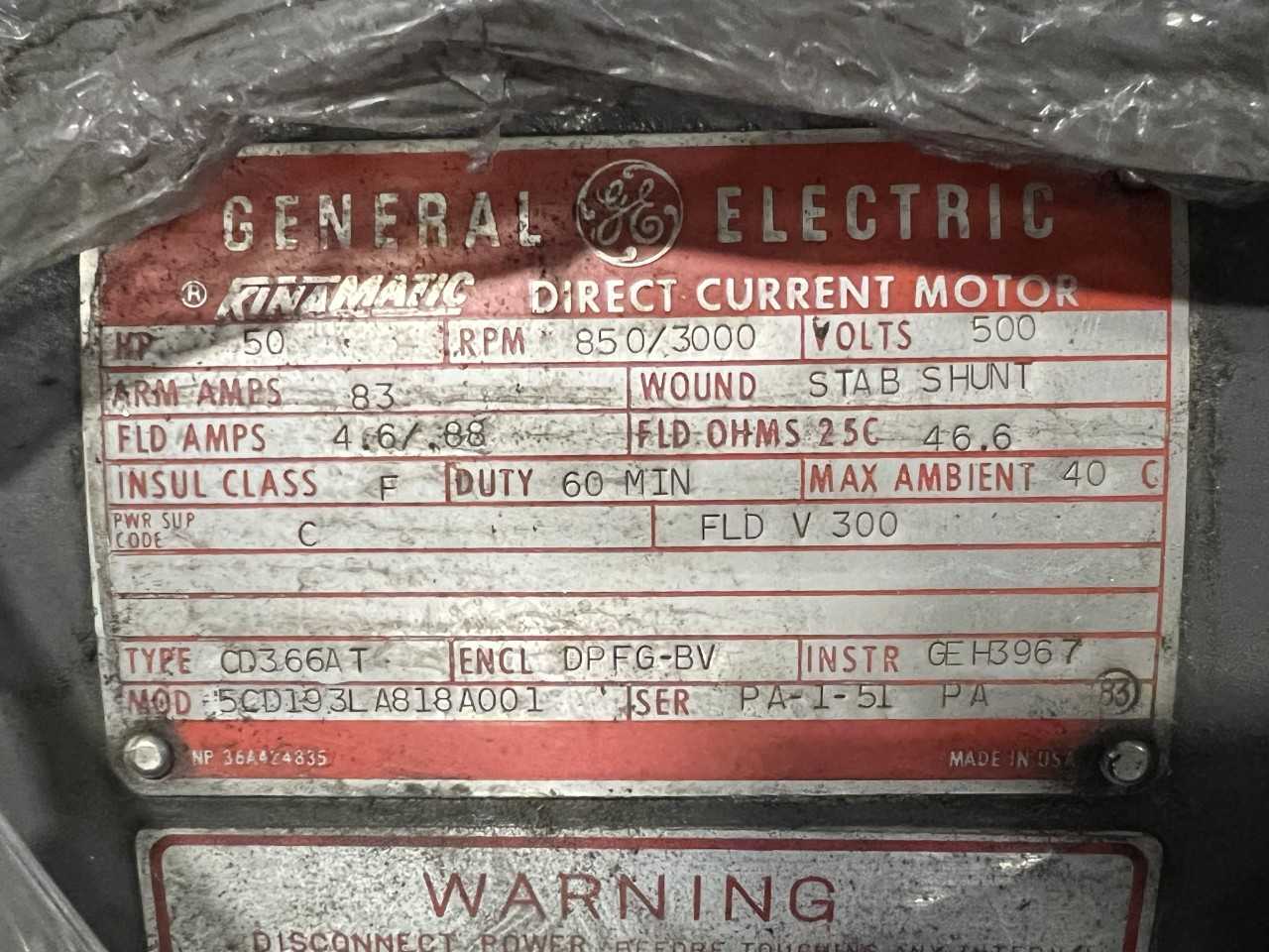 General Electric Direct Current Motor 50 Hp Rpm 850/3000 volts 500 ARM AMPS 83 Wound Stab Shunt Type CD366AT - ELECTRIC MOTORS