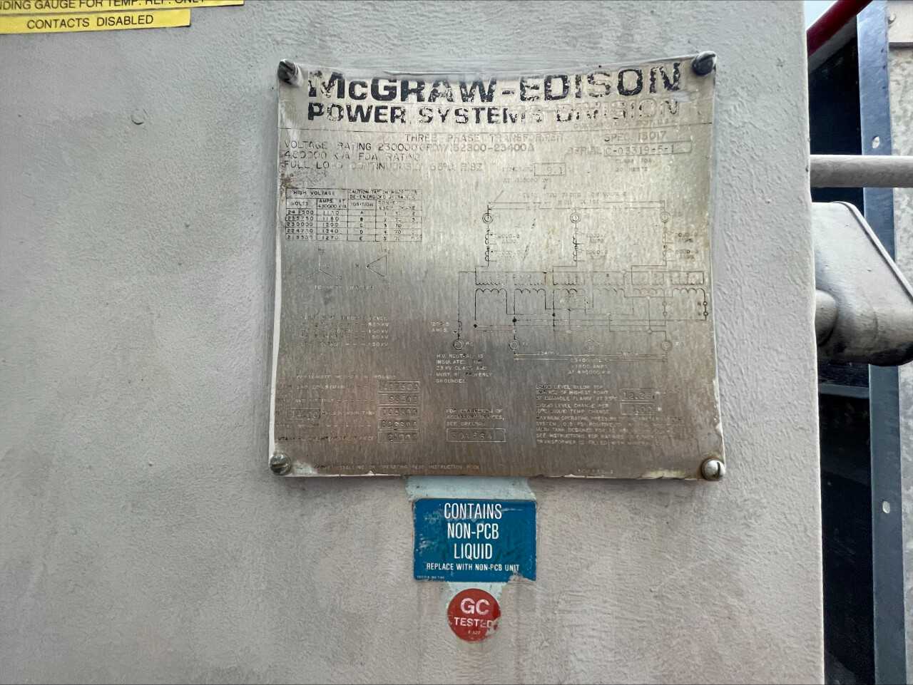 1972 McGraw-Edison 3PH Substation GSU Transformer - CONTROL TRANSFORMERS