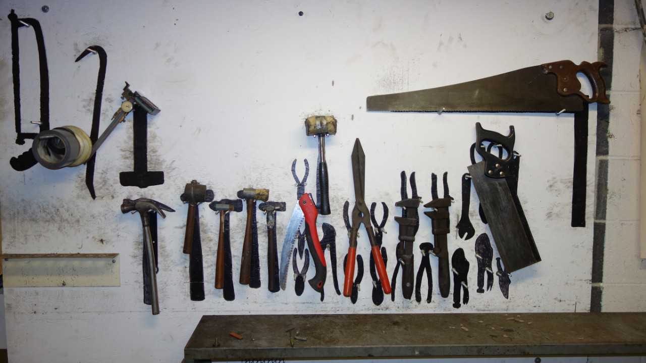 WALL OF ASSORTED HAND TOOLS, HAMMERS, SAWS, SHEARS, WRENCHES (DIAL CALIPER NOT INCLUDED) - HAND TOOLS