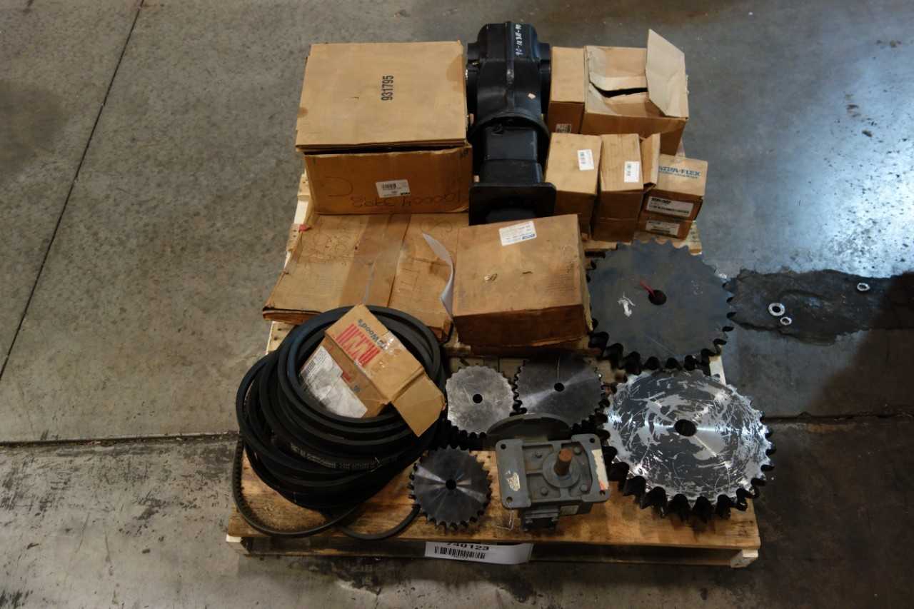 1 PALLET OF ASSORTED ROLLER CHAIN SPROCKETS, GEAR COUPLINGS, V-BELT, OIL-SEAL, BUSHING- DODGE, MITSUBOSHI - GEAR REDUCERS 1 PALLET OF ASSORTED ROLLER CHAIN SPROCKETS, GEAR COUPLINGS, V-BELT, OIL-SEAL, BUSHING- DODGE, MITSUBOSHI - GEAR REDUCERS